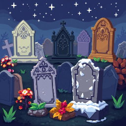 A detailed pixel art spritesheet showcasing various types of gravestones in a cemetery setting