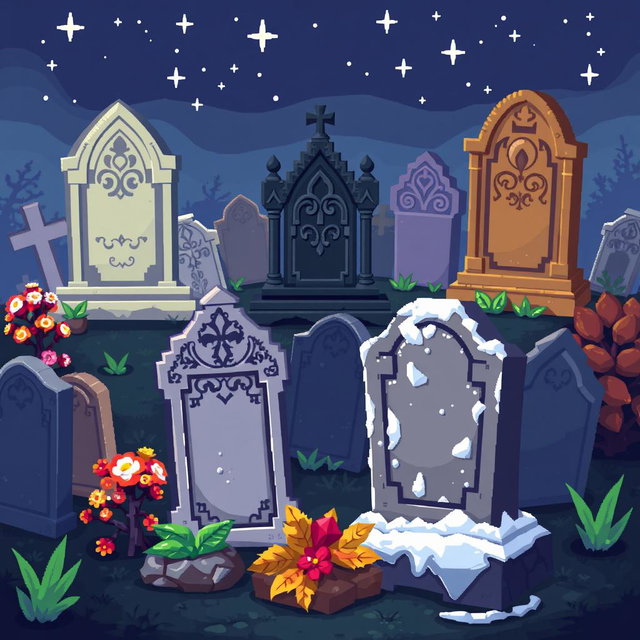 A detailed pixel art spritesheet showcasing various types of gravestones in a cemetery setting