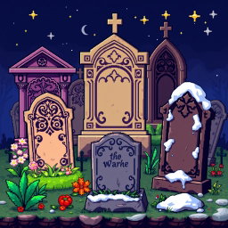 A detailed pixel art spritesheet showcasing various types of gravestones in a cemetery setting