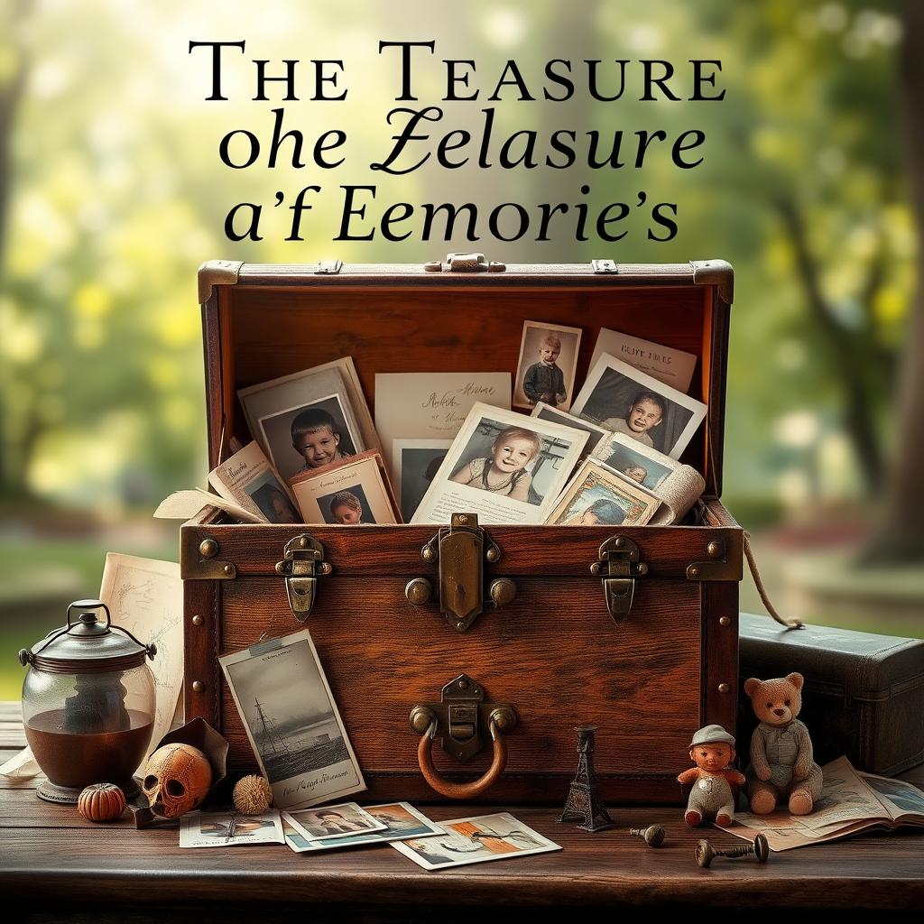 A creative and sophisticated design for a cover related to 'The Treasure of Elena’s Memories', featuring a vintage trunk overflowing with childhood photos, memorabilia, and nostalgic treasures