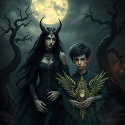 A dark and captivating scene featuring Lilith, depicted as a strikingly beautiful woman with long dark hair, adorned with intricate jewelry and flowing robes, standing beside the Antichrist, a young boy with a mysterious aura and piercing eyes
