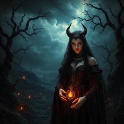 A dark and captivating scene featuring Lilith, depicted as a strikingly beautiful woman with long dark hair, adorned with intricate jewelry and flowing robes, standing beside the Antichrist, a young boy with a mysterious aura and piercing eyes