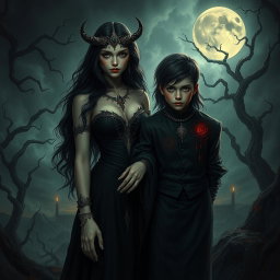 A dark and captivating scene featuring Lilith, depicted as a strikingly beautiful woman with long dark hair, adorned with intricate jewelry and flowing robes, standing beside the Antichrist, a young boy with a mysterious aura and piercing eyes