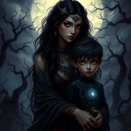A dark and captivating scene featuring Lilith, depicted as a strikingly beautiful woman with long dark hair, adorned with intricate jewelry and flowing robes, standing beside the Antichrist, a young boy with a mysterious aura and piercing eyes