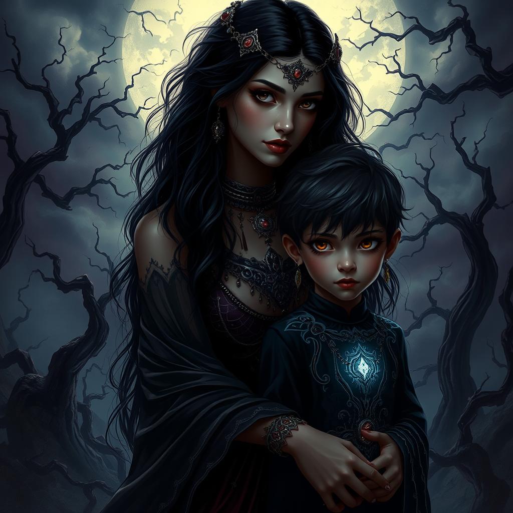 A dark and captivating scene featuring Lilith, depicted as a strikingly beautiful woman with long dark hair, adorned with intricate jewelry and flowing robes, standing beside the Antichrist, a young boy with a mysterious aura and piercing eyes