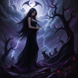 Continuing the dark and captivating scene, Lilith stands gracefully yet powerfully, her long dark hair flowing in an unseen breeze, enhanced by the haunting glow around her