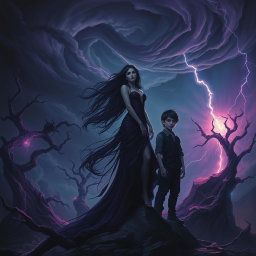 Continuing the dark and captivating scene, Lilith stands gracefully yet powerfully, her long dark hair flowing in an unseen breeze, enhanced by the haunting glow around her