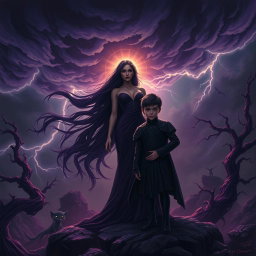 Continuing the dark and captivating scene, Lilith stands gracefully yet powerfully, her long dark hair flowing in an unseen breeze, enhanced by the haunting glow around her