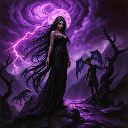 Continuing the dark and captivating scene, Lilith stands gracefully yet powerfully, her long dark hair flowing in an unseen breeze, enhanced by the haunting glow around her