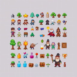 A vibrant and detailed spritesheet showcasing various characters and elements for a board game, designed in a pixel art style