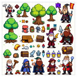 A vibrant and detailed spritesheet showcasing various characters and elements for a board game, designed in a pixel art style