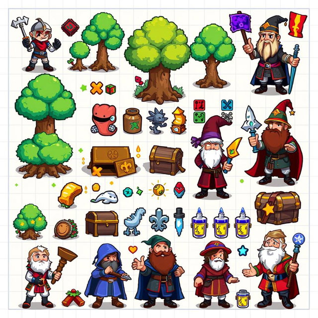 A vibrant and detailed spritesheet showcasing various characters and elements for a board game, designed in a pixel art style