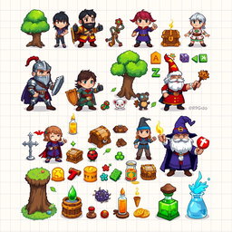 A vibrant and detailed spritesheet showcasing various characters and elements for a board game, designed in a pixel art style