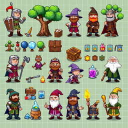 A vibrant and detailed spritesheet showcasing various characters and elements for a board game, designed in a pixel art style