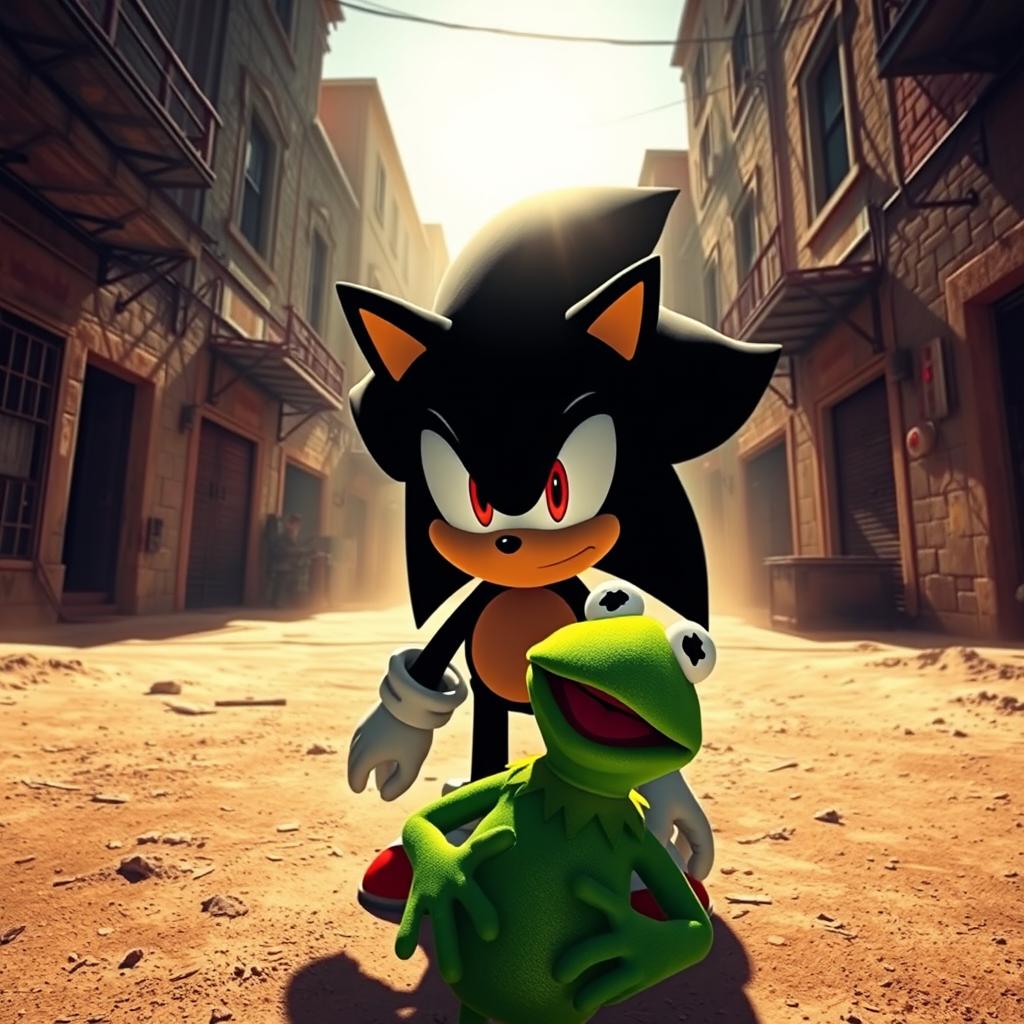A dynamic and stylized scene featuring a black Sonic the Hedgehog with striking red eyes, showcasing his iconic spiky silhouette