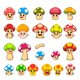 A vibrant and colorful pixel art spritesheet showcasing a collection of cute mushroom characters designed for a board game
