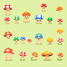 A vibrant and colorful pixel art spritesheet showcasing a collection of cute mushroom characters designed for a board game