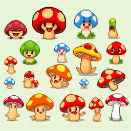 A vibrant and colorful pixel art spritesheet showcasing a collection of cute mushroom characters designed for a board game