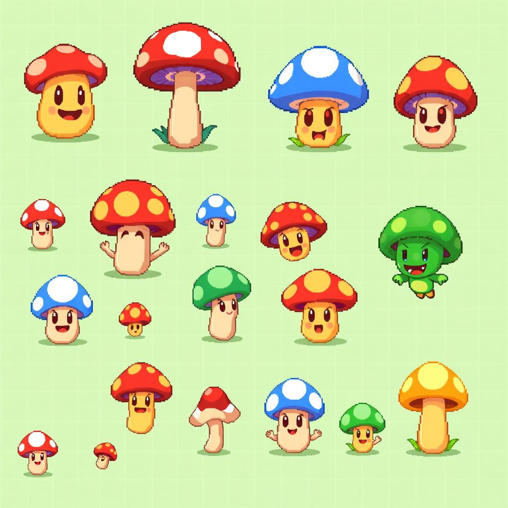 A vibrant and colorful pixel art spritesheet showcasing a collection of cute mushroom characters designed for a board game