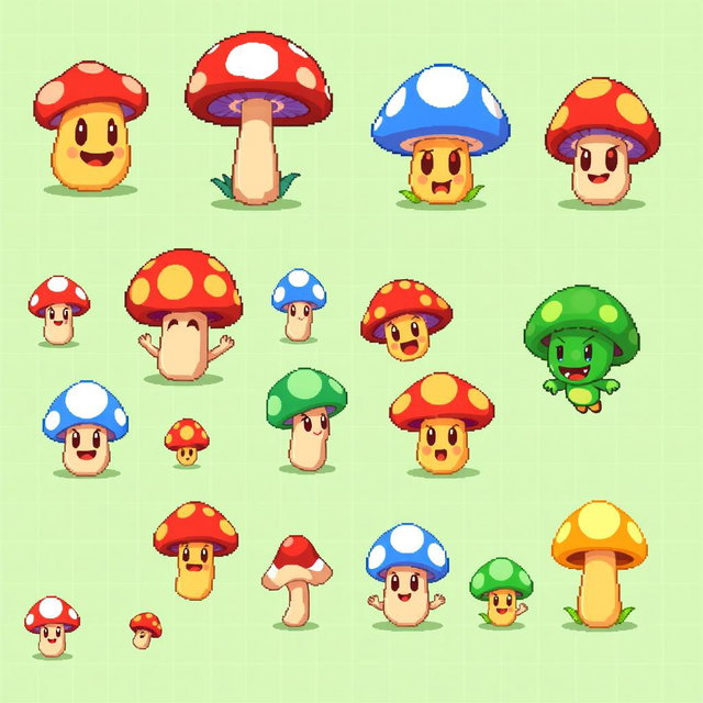 A vibrant and colorful pixel art spritesheet showcasing a collection of cute mushroom characters designed for a board game