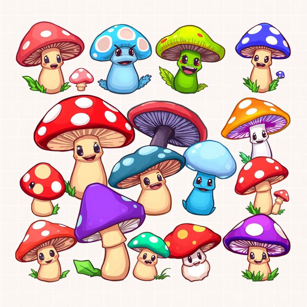 A vibrant spritesheet for a board game featuring various colorful mushroom characters, designed in a pixel art style