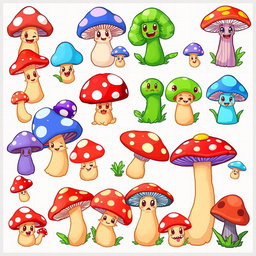 A vibrant spritesheet for a board game featuring various colorful mushroom characters, designed in a pixel art style