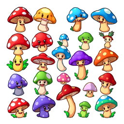 A vibrant spritesheet for a board game featuring various colorful mushroom characters, designed in a pixel art style