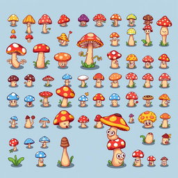 A detailed pixel art spritesheet for a board game featuring whimsical mushroom characters, each with distinct colors and playful expressions
