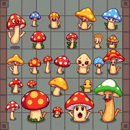 A detailed pixel art spritesheet for a board game featuring whimsical mushroom characters, each with distinct colors and playful expressions