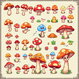 A detailed pixel art spritesheet for a board game featuring whimsical mushroom characters, each with distinct colors and playful expressions