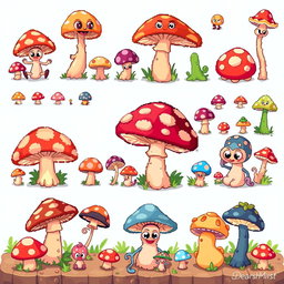 A detailed pixel art spritesheet for a board game featuring whimsical mushroom characters, each with distinct colors and playful expressions