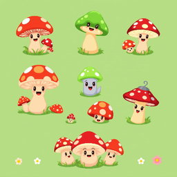 A vibrant pixel art spritesheet featuring adorable mushroom characters designed for a board game
