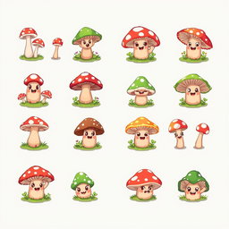 A vibrant pixel art spritesheet featuring adorable mushroom characters designed for a board game