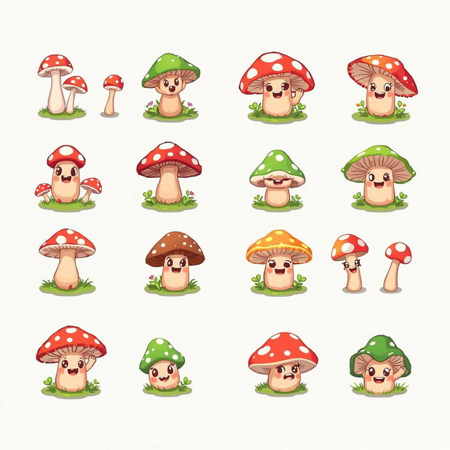 A vibrant pixel art spritesheet featuring adorable mushroom characters designed for a board game