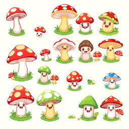 A vibrant pixel art spritesheet featuring adorable mushroom characters designed for a board game