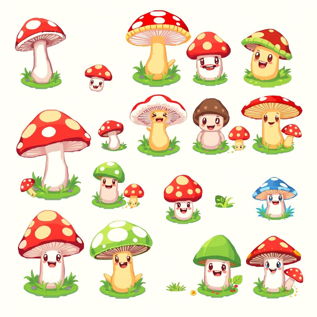A vibrant pixel art spritesheet featuring adorable mushroom characters designed for a board game