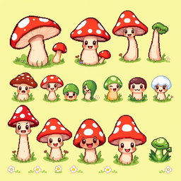 A vibrant pixel art spritesheet featuring adorable mushroom characters designed for a board game