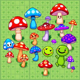 A detailed pixel art spritesheet for a whimsical board game featuring various types of mushrooms
