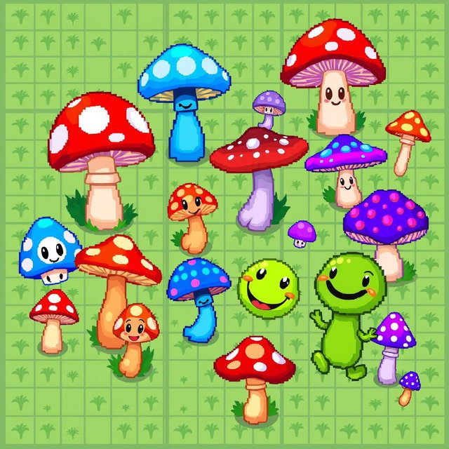 A detailed pixel art spritesheet for a whimsical board game featuring various types of mushrooms