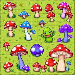 A detailed pixel art spritesheet for a whimsical board game featuring various types of mushrooms