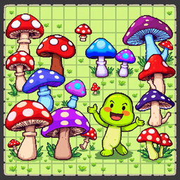 A detailed pixel art spritesheet for a whimsical board game featuring various types of mushrooms
