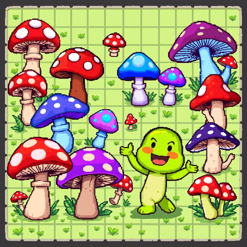 A detailed pixel art spritesheet for a whimsical board game featuring various types of mushrooms