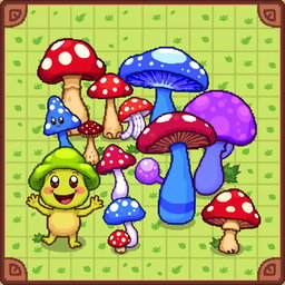 A detailed pixel art spritesheet for a whimsical board game featuring various types of mushrooms