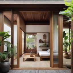 Blend the traditional Javanese Joglo house with Scandinavian aesthetics. Maintain the wooden architecture but infuse Scandinavian simplicity through clean lines, light color palette, and minimalistic furniture. Include large windows for ample natural light and an indoor-outdoor living concept.