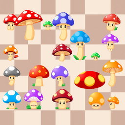 A vibrant pixel art spritesheet featuring various mushroom characters for a board game, including a colorful array of mushrooms such as bright red with white spots, blue, purple, and golden mushrooms arranged in a grid pattern