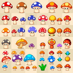 A vibrant pixel art spritesheet featuring various mushroom characters for a board game, including a colorful array of mushrooms such as bright red with white spots, blue, purple, and golden mushrooms arranged in a grid pattern