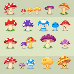 A vibrant pixel art spritesheet featuring various mushroom characters for a board game, including a colorful array of mushrooms such as bright red with white spots, blue, purple, and golden mushrooms arranged in a grid pattern