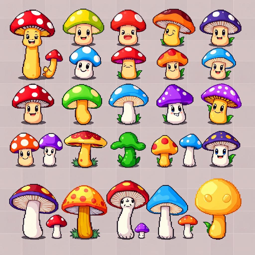 A vibrant pixel art spritesheet featuring various mushroom characters for a board game, including a colorful array of mushrooms such as bright red with white spots, blue, purple, and golden mushrooms arranged in a grid pattern