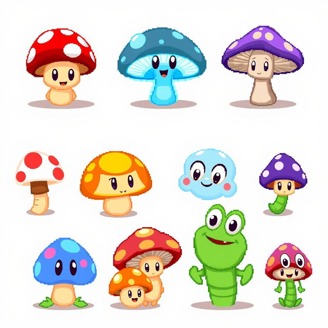 A vibrant spritesheet showcasing various pixel art mushroom characters designed for a board game