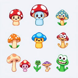 A vibrant spritesheet showcasing various pixel art mushroom characters designed for a board game